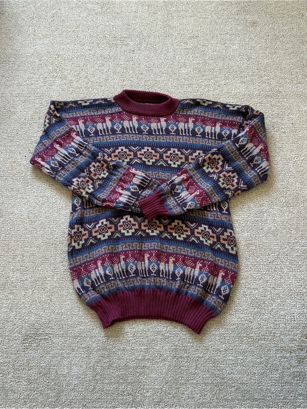 Vintage Burgundy Multicolor Patterned Crewneck Sweater